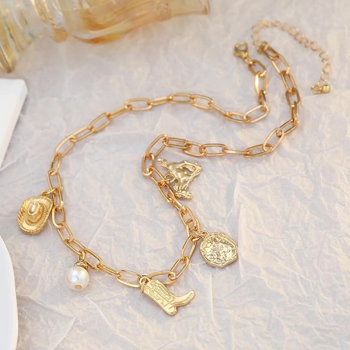 Chunky Gold Necklace for Women Gold Evil Eye Cowboy Pendant Necklace Dainty Paperclip Chain Vintage Luck Amulet Choker Necklaces Celestial Jewelry Gift