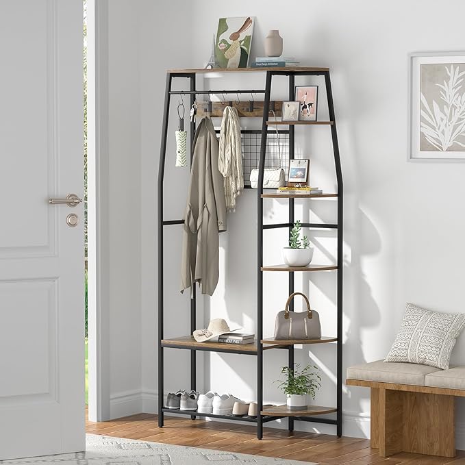 Giluta Coat Rack, 70" Hall Tree with Bench and Shoe Storage, Freestanding Entryway Coat Storage Rack with Hooks and Wooden Storage Shelves for Entryway, Living Room, Bedroom