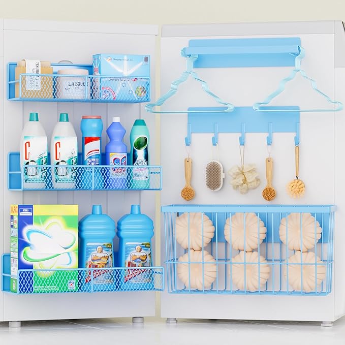 6-Pack Magnetic Shelves for Washing Machine & Refrigerator, Heavy-Duty Laundry Organizer with Hanger Holder & Deep Baskets, Metal Storage System for Laundry Room (Blue)