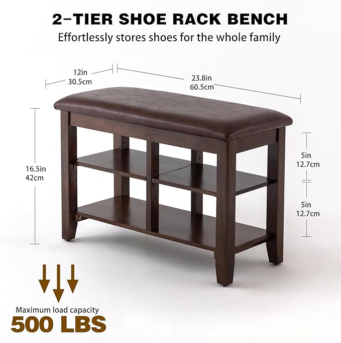 PY HOME & SPORTS Shoe Rack for Entryway 23.6": 2-Tier Shoe Storage Bench, Adjustable/Removable Shelves, Rubberwood Shoe Benches for Hallway, Porch, Bathroom, Brown