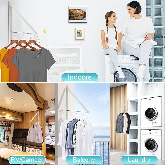 Wall Mounted Drying Rack - Retractable Aluminum Clothes Hanger, No Drill Space Saving Laundry Organizer, 65 lbs Capacity (White)