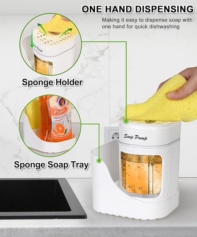 Kitchen Dish Soap Dispenser with Sponge Holder, 3-in-1 Countertop Dishwashing Soap Pump Dispenser Set for Kitchen Sink, Useful Kitchen Gadgets - White
