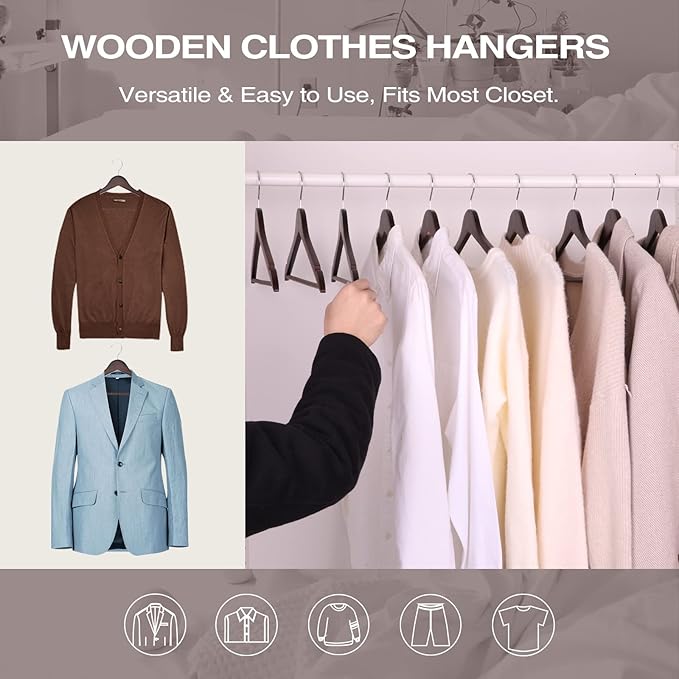 FairyHaus Wood Hangers 30 Pack, Smooth Finish Wooden Coat Suit Hangers with 360° Swivel Hook and Notches, Lightweight Walnut Wood Clothes Hangers for Camisole, Pants, Dress