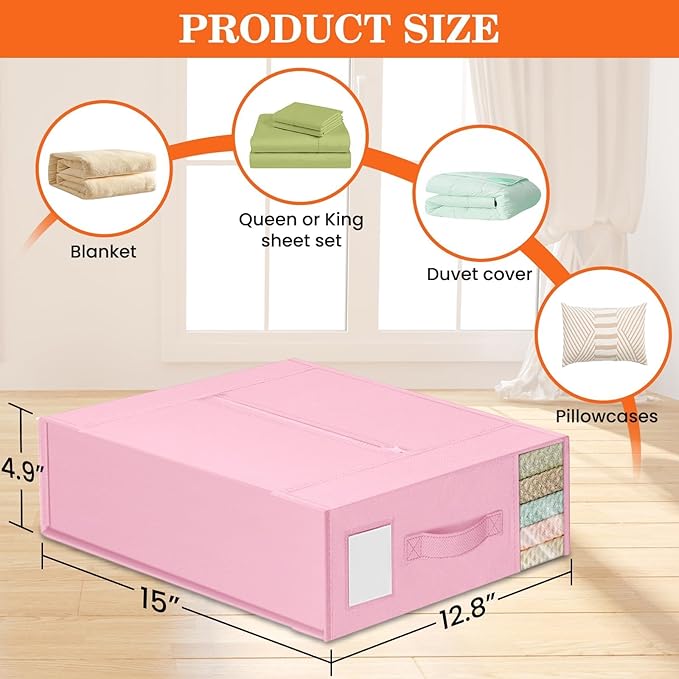 WOWBOX Sheet Organizers and Storage,Closet Bed Sheet Organizer Under Bed Storage and Organization with Label Cards & Clear Window for Bedding Sheets,Duvet Covers,Blankets (6 Pack，Pink)