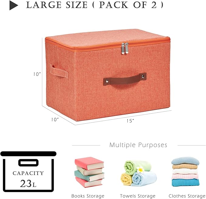 2 Pack Storage Bins with Zipper Lid Cotton Linen Fabric Lidded Storage Baskets Boxes Foldable Washable Closet Shelf Clothes Organizer Container with PU Leather Handles (Orange, Large)