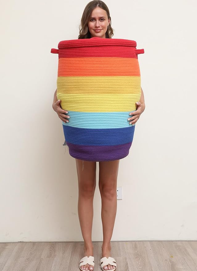 26" x 20" Handcrafted Tall Cotton Rope Basket with Lid, Stylish Flagon Shape with Cover, Clothes Hamper with Top, for Bedroom and Living Room, Rainbow