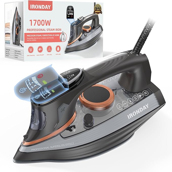 Steam Iron for Clothes with LCD Screen, 1700W Iron Non-Stick Ceramic Soleplate, Auto Shutoff, Self-Cleaning, Anti-Drip, Steam Burst, Spray Mist 10.14oz Water Tank Ironing Clothes for Home,Grey