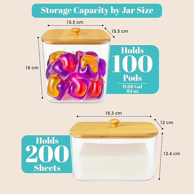 1+1 Laundry Pods Container and Dryer Sheet Holder Set, Clear Laundry Room Organization Containers with Bamboo Lids, Scoops, 10 Labels & 20 Clothespins, Laundry Containers for Pods and Powder