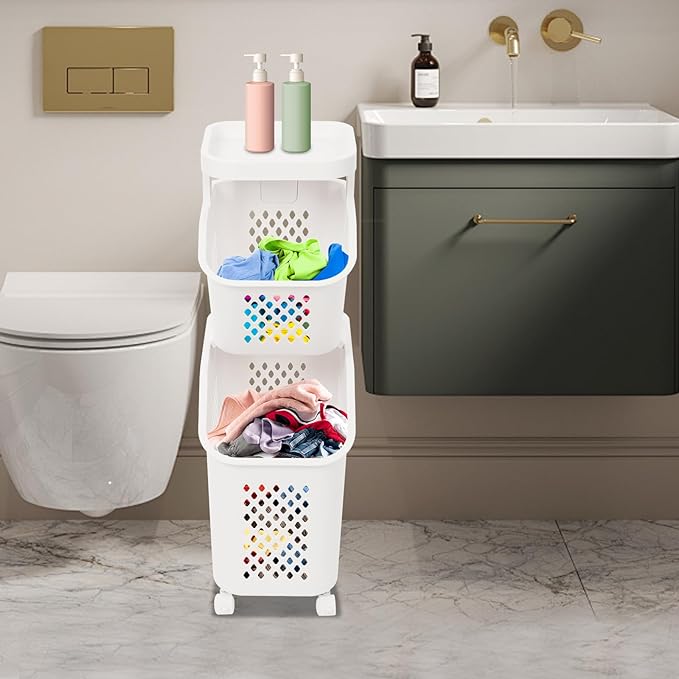 2 Tiers Rolling Laundry Hamper, White Plastic Laundry Basket Holder with Wheels, Vertical Laundry Hamper Sorter Cart, Rolling Clothes Hamper Organizer for Bathrooms Bedrooms