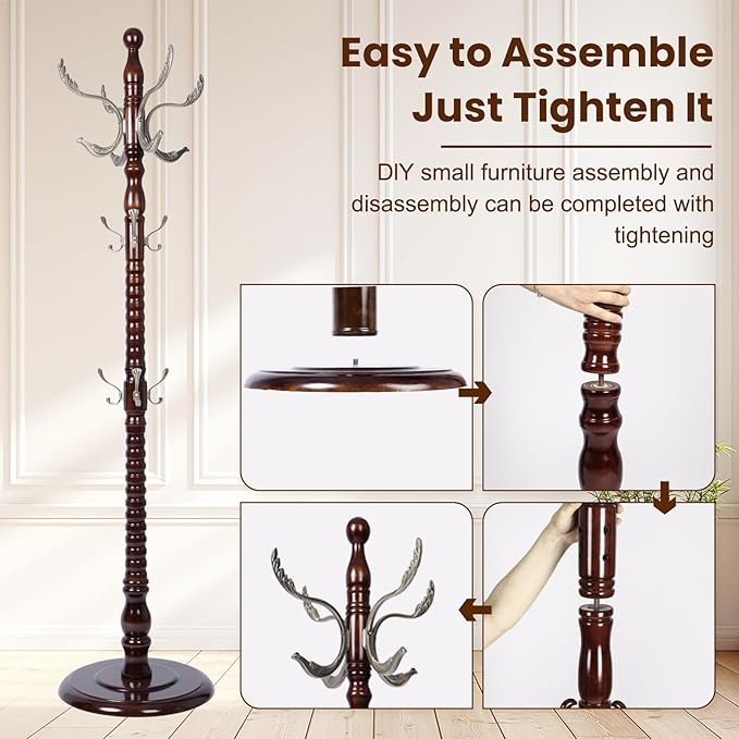 Freestanding Coat Rack with 14 Hooks, Sturdy Wooden Hall Tree for Entryway, Heavy-Duty Disc Base,for Hanging Hats, Jackets, Bags, Easy Assembly for Bedroom, Hallway, Office