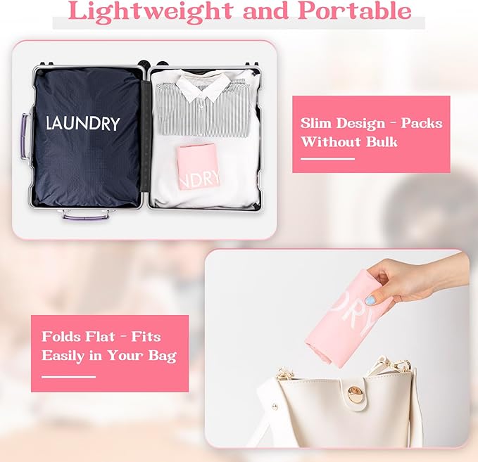 MissBoy Heavy Duty Nylon Laundry Bag,Washable & Splash-Resistant Dirty Clothes Storage Bag with Drawstring & Handles丨Lightweight, Foldable & Space-Saving for College Dorm,Beach&Trips, 80L Pink