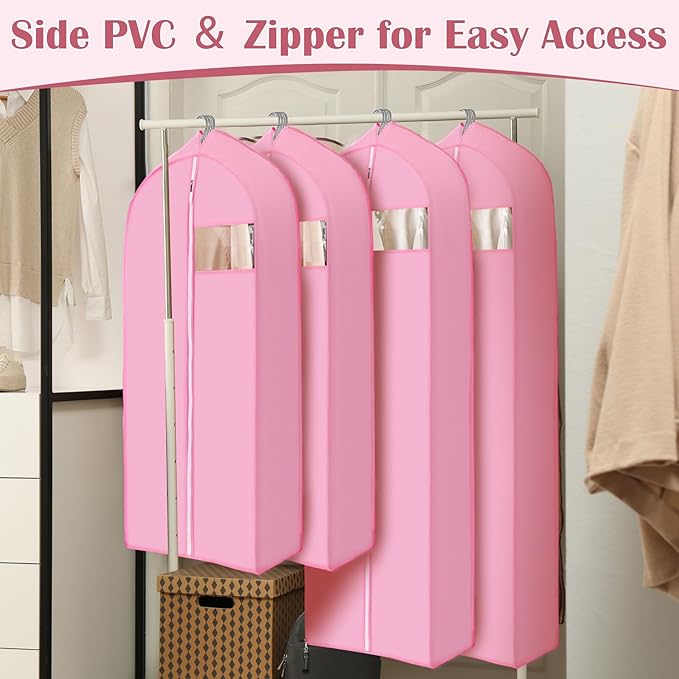 2 Pcs 10" Gusseted Garment Bags for Hanging Clothes Dress Bags for Gowns Long Closet Waterproof Garment Covers Wedding Dress Cover Traveling Clothes Protector (Pink,65 Inch)