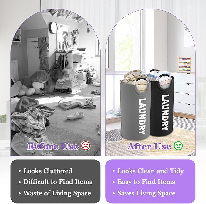 2Pcs Large Laundry Hamper for Adult, 95L Folding Clothes Basket with Handles, Dirty Clothes Hampers for Bedroom, Stand-alone Laundry Bin for Family, Hotel, Dorm, Grey/Black
