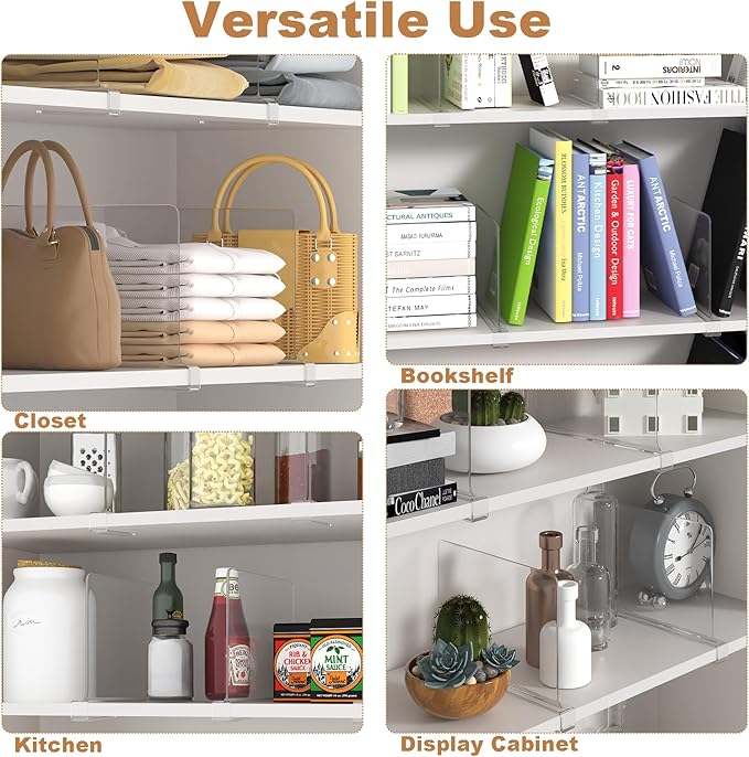 Clear Shelf Dividers for Closet Organization, Pack of 6, Acrylic Closet Shelf Divider, Purse Organizer, Handbag Organizer, Fits Clothes Bag Towel, for Bedroom Kitchen Bookshelf