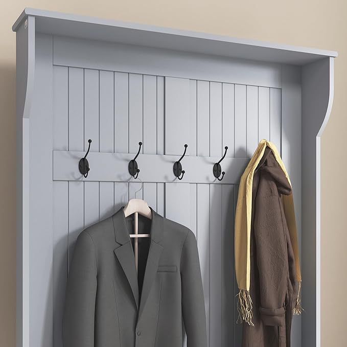 HOMCOM Hall Tree with Bench and Shoe Storage, 3-In-1 Entryway Bench with Coat Rack, 5 Hooks and Flip Top Storage Compartment, Gray