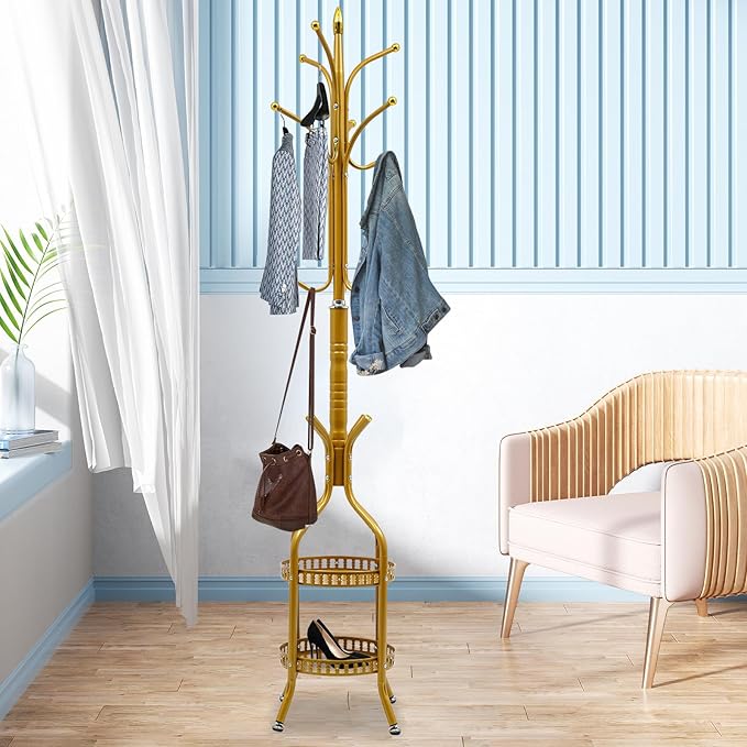 Metal Coat Rack Stand Freestanding Hat Hall Tree Clothes Rack Holder Modern Clothing Garment Hanger Stand with Double Layer Storage Basket and Hooks for Hanging Scarf Bag for Entryway Bedroom (Gold)