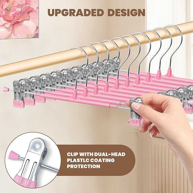 HUADYMEET 30 Pack 12Inch Pants Hangers with Clips,Metal Trouser Hanger for Jeans.Space Saving Skirt Hangers Heavy Duty Non-Slip Adjustable Clothes Shorts Hanger for Women,Men,Pink