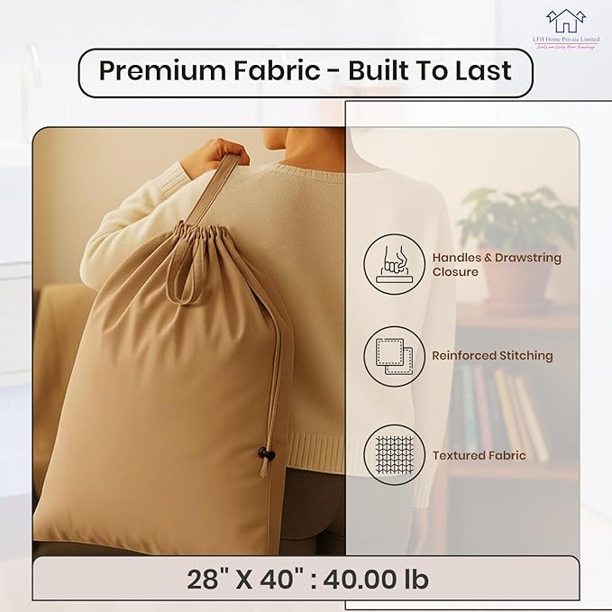 LFH Home Cotton Canvas Large Laundry Bag with Handle, Heavy Duty Drawstring Closure Washable Laundry Bags, School Travel, Home, Hotel, College Dorm, Organizer Sack, Toys Clothes 28x40-Beige