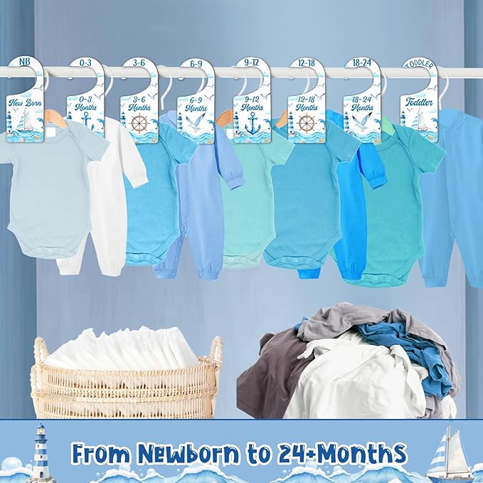 Baby Closet Dividers 8PCS, Nautical Themed Wooden Double-Sided Clothes Size Hanger/Organizer from Newborn to Toddler for Nursery Decor Baby Shower Birthday Gender Reveal Party Gift