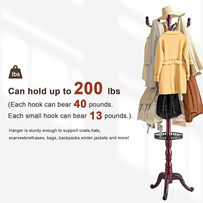 Coat Racks Freestanding, Natural Wood Coat Stands with 14 Hooks, 73" Heavy Duty Adjustable Height Vintage Hall Tree for Entryway, Bedroom, Office, Easy Assembly (Rosewood Tray)