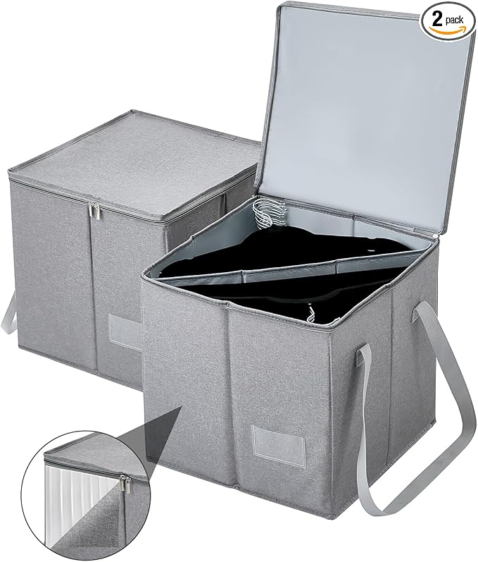 Qozary 2 Pack Clothes Hanger Organizer Bag-Rigid Hanger Storage Containers with Lid for Dustproof, Large Hanger Holder, Hanger Caddy Organizer Box with Handle-Keep Different Style Hangers Separate