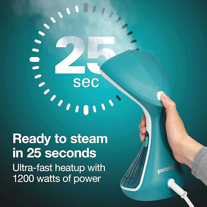 Proctor Silex Dual Mode Handheld Garment Steamer for Clothes, Ready in 25 Seconds for 15 Minutes of Continuous Use, Portable and Lightweight, Vacation Essentials, 1200 Watts, 300 ml Water Tank, Blue