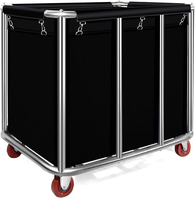 Commercial Laundry Carts with Wheels 11.35 Bushel Industrial Laundry Cart Basket Trucks Heavy Duty Large Laundry Carts Hampers Reinforced Steel Frame,440 lbs Load, Black
