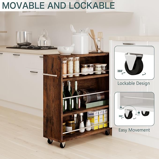 ALBAD Slim Rolling Cart,4-Tier Storage Cart with Wheels,7.9”W Slim Storage Carts with Handle for Kitchen Laundry Narrow Places Bathroom Dining Room Small Spaces
