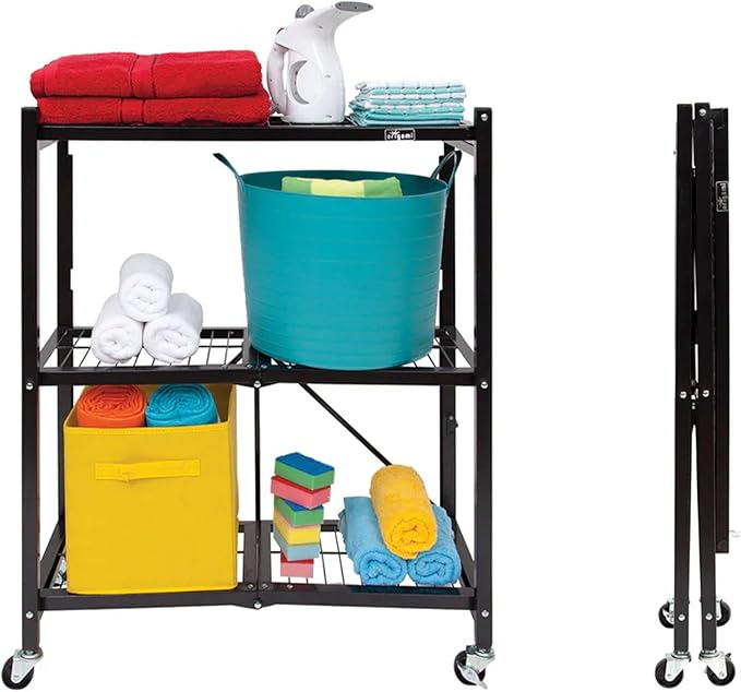 Origami 3-Pack General Purpose Foldable 3-Tier Shelf Storage Rack & Wheels, R3, Black