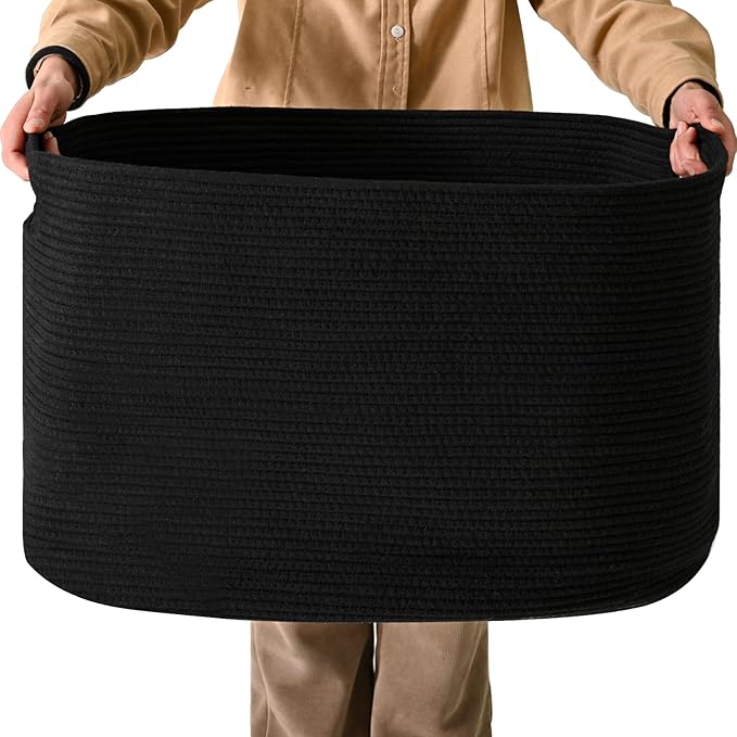 Large Black Blanket Basket, Storage Baskets for Blankets, Woven Baskets for Storage, Woven Cotton Rope Basket for Toys, Clothes, Shoes, Books, Black, 25”x16”x16” (105L)