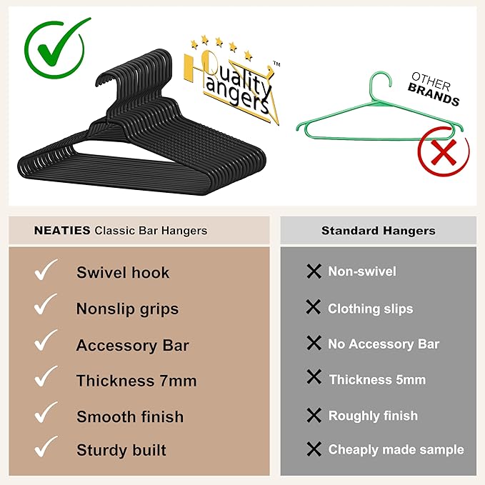 Quality Hangers Heavy Duty Black Plastic Hangers 120-Pack with Swivel Hook | 7mm Thick Non Slip Coat Hangers with Accessory Bar | Ideal Clothes Hangers Plastic for Everyday Use | 17 Inches 120, Black