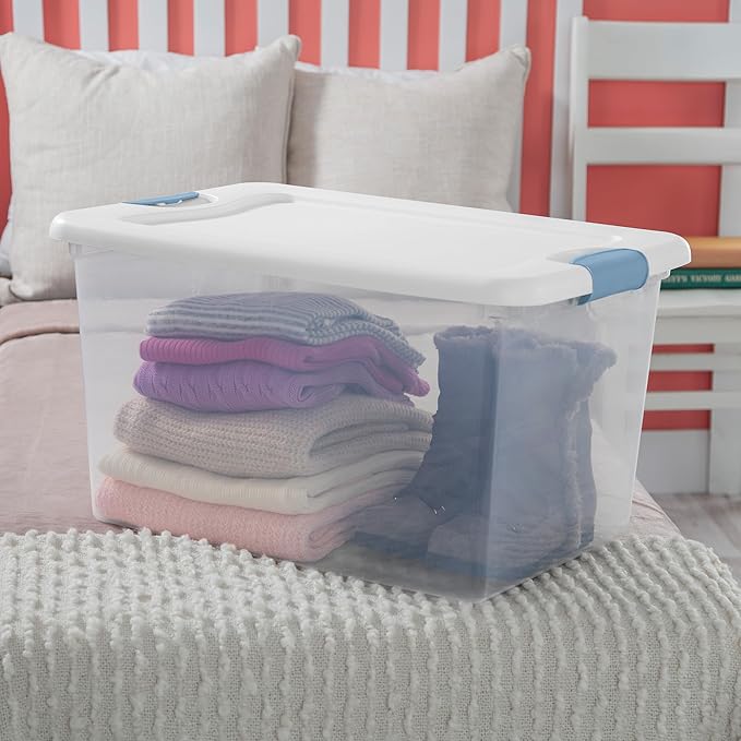 Sterilite 4 Pack Latching Box, 64 Qt Plastic Storage Container, Stackable Large Home or Office Tote Organizers with Secure Lids, White