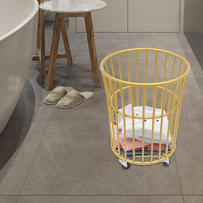 Metal Laundry Basket, Rolling Laundry Hamper with Wheels, Round Mesh Iron Basket Storage Clothes Organizer with Locking Casters for Laundry Room Bathroom Bedroom Closet Dorm (Gold)