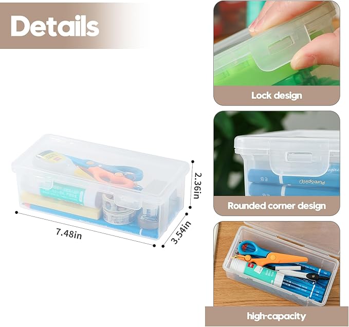8-Pack Clear Pencil Cases and Pencil Boxes, Stackable Plastic Pencil Box with Snap Lid, Large Capacity for Markers and Art Supplies for School, Office and Desk Organization – Rectangular Large