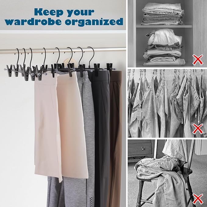 9-Pack Black Pants Hanger, Adjustable Women's Skirt Hanger, Jeans Hanger Pants Hanger, Heavy Duty Space Saving Shorts Hanger