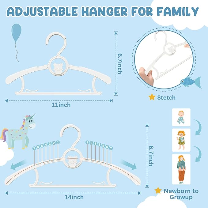 50 Pack Kids Hangers for Nursery Closet, Adjustable Non-Slip Toddler Baby Hangers with Windproof Buckle, 11-14" Infant Child Plastic Clothes Pant Hanger for Boys Girls Newborn Adult, White