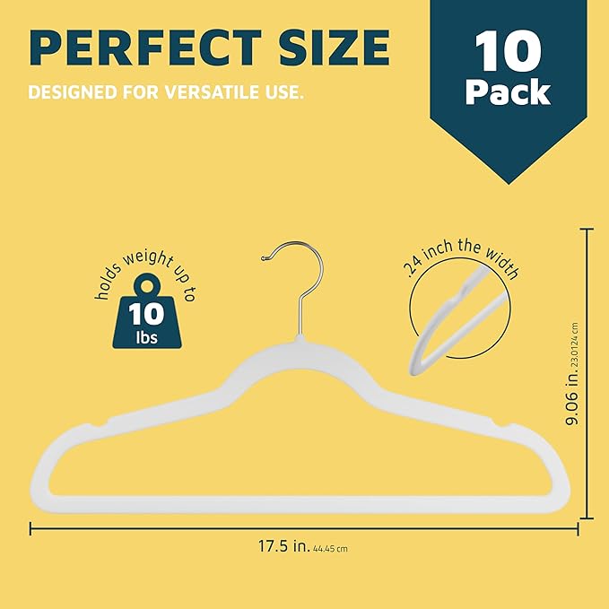 Lifemaster Velvet Clothes Hanger – with 360 Degree Swivel Hook and Non-Slip Shoulder Notch, Holds Up to 10 lbs, Heavy Duty Hanger Set, for Organizing Suit, Dress, Coat, and Clothes, Pack of 10, White