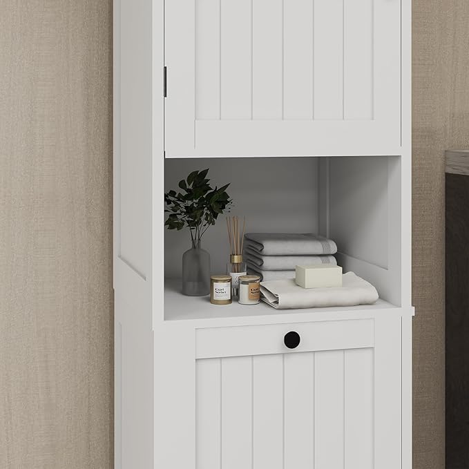 Tilt Out Laundry Hamper Cabinet, 55" Tall Bathroom Storage Cabinet Laundry Cabinet with Shelves and Clothes Basket, Hamper Cabinet Shelf for Laundry Room Bathroom Organizer, White