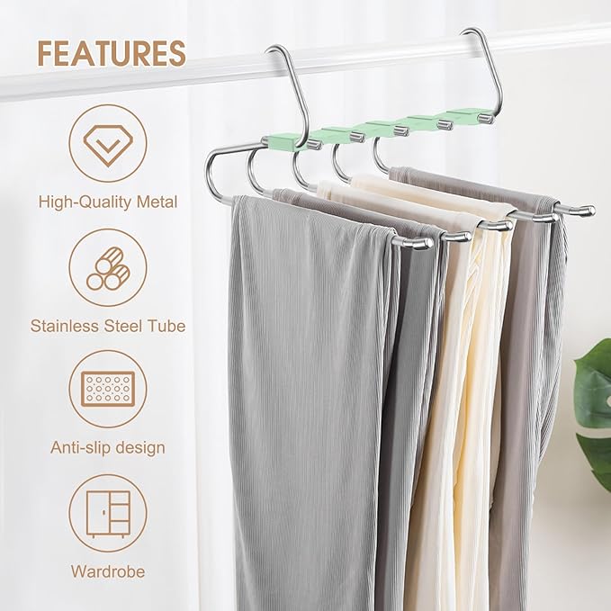 4 Pack Pants Hangers Space Saving, Anti-Slip Multi-Functional Pants Rack, Thickened Stainless Steel Tube, Two Hanging Modes Suitable for Jeans Trousers Skirts Scarf-Green