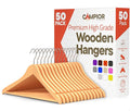 Natural Wooden Hangers 50 Pack – Heavy-Duty with 360° Swivel Hook, Non-Slip, Pants Bar & Shoulder Grooves - Wooden Hangers for Suits, Jackets, Dresses & Camisoles, Space-Saving and Smooth Finish