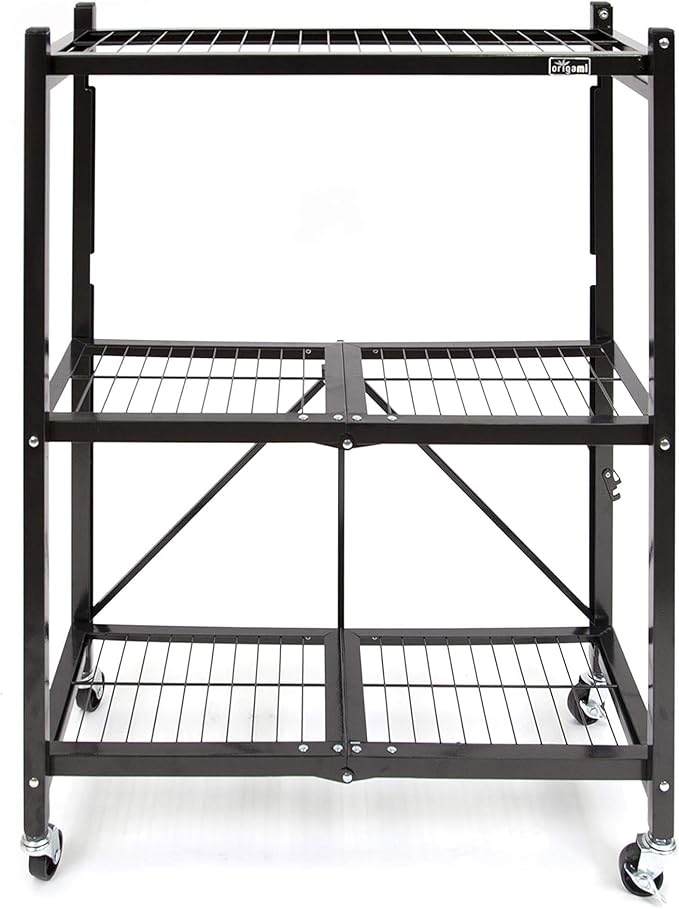Origami 2-Pack General Purpose Foldable 3-Tier Shelf Storage Rack & Wheels, R3, Black