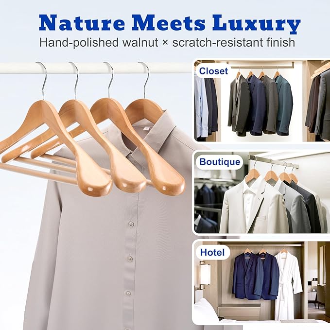 HOUSE DAY Wide Shoulder Wooden Hangers, Suit Hangers with Non Slip Pants Bar, Smooth Finish 360° Swivel Hook High-Grade Solid Wood Coat Hangers for Dress, Jacket, Heavy Clothes Hanger 6 Pack (Natural)