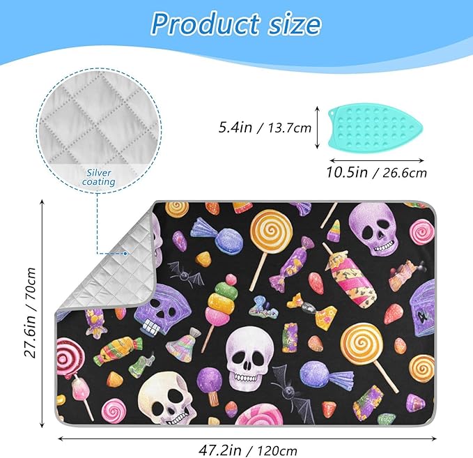 Ironing Mat Pad for Table Portable Travel Iron Blanket Ironing Board Covers Pressing Mat Heat Press Pads 27.6x47.2 Inches Halloween Skulls Lollipops Candies35