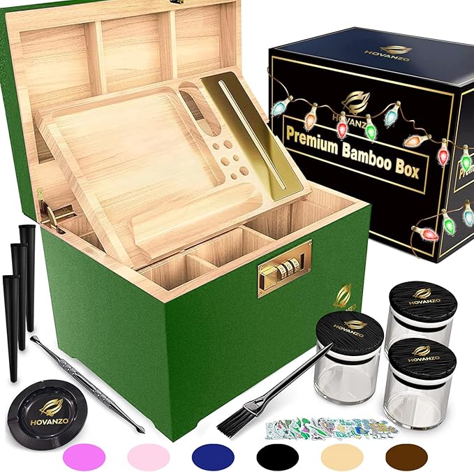 HOVANZO Premium Large Bamboo Storage Box with Removable Tray - Storage Wood Box for Herbs and Accessories - Storage Box Set with Combination Lock - Smell Proof Container with Accessories