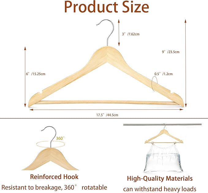 Natural Wooden Hangers 20 Pack, Non-Slip Clothes Hangers with 360° RotatingHooks for Shirts, Durable Heavy Duty Hangers, Slim Space Saving Hanger,Pants, Suits - Ideal for Closet & Travel Storage