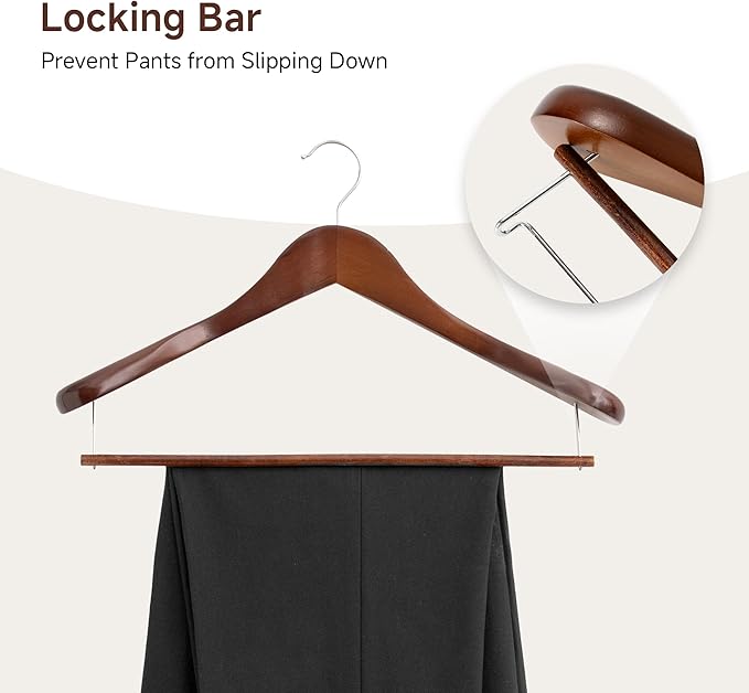 StorageWorks 6 Pack Wooden Hangers, Extra Wide Shoulder Wood Hangers with Locking Bar for Suit, Shirt, Coat, Pants, Walnut Color