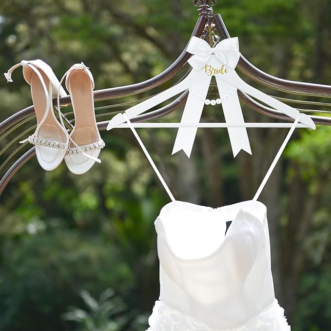 2 Pack Bride and Groom Wedding Hanger Set with Ribbon Bow Wooden Dress Suit Hanger Gift for Wedding Bridal Party Photo Decor(Black and White,Classic)