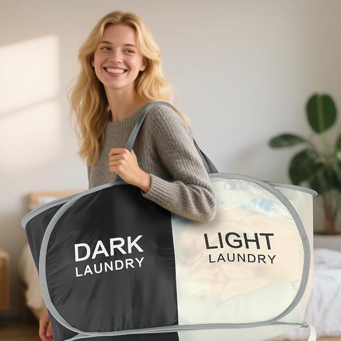 Seefoo Dual Compartment Laundry Hamper with Handles, Collapsible Laundry Baskets 2-Section, Dark/Light Labeled Storage Foldable Clothes Hamper for Laundry, Portable for Small Spaces, Apartment, Dorm