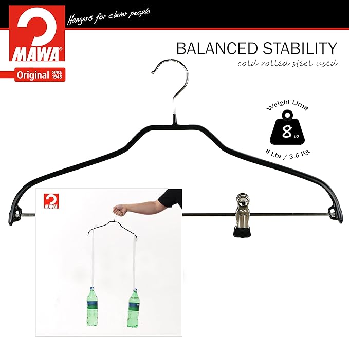 Mawa by Reston Lloyd Silhouette Series Non Slip Space Saving Hanger with Pant Clips, Style 40/FK,Set of 5, Black