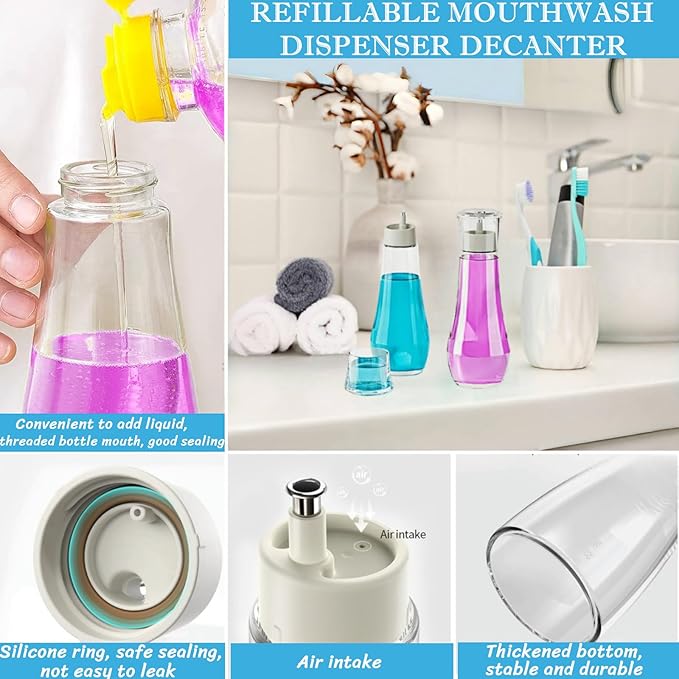 1 Pack Glass Mouthwash Dispenser for Bathroom, 8.8oz Mouth Wash Container Bottle with Lid Cup, Clear Refillable Bathroom Containers for Countertop/4 Pcs Label